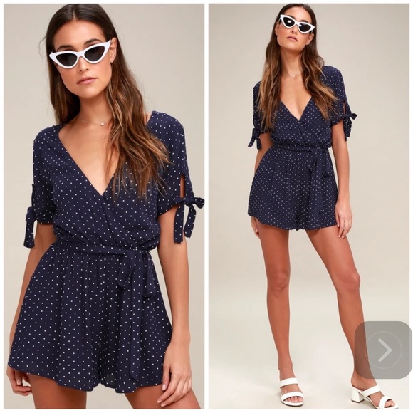 Lulus Pants - Lulu’s Cute Stuff Polka Dot Tie-Sleeve Romper Navy White Small Keyhole Back